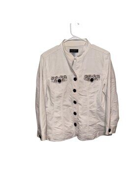 Prosper & Jenne White Button-Up Jacket Embellished Pockets Size L Cotton Blend